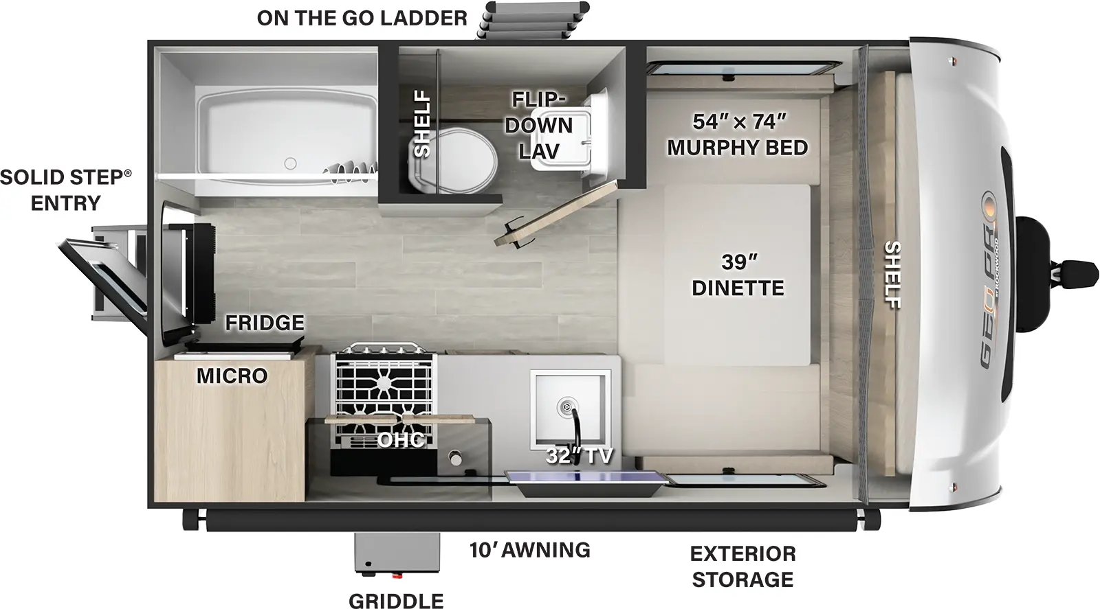 The G15FD has zero slideouts and one entry. Exterior features a 10 foot awning, griddle, exterior storage, off-door side on the go ladder, and rear solid step entry. Interior layout front to back: dinette/murphy bed with shelf above; off-door side room with toilet, shelf and flip-down lavatory only, and a rear shower; door side kitchen counter with sink, TV above, overhead cabinet, cooktop, microwave, and refrigerator; rear entry.